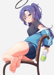 Rule 34 | 1girl, absurdres, ass, barefoot, black shirt, blue archive, blue buruma, blue eyes, blue jacket, blush, bottle, breasts, buruma, feet, from below, grey background, gym uniform, half updo, halo, highres, holding, holding bottle, jacket, long hair, looking at viewer, mechanical halo, meemo, official alternate costume, official alternate hairstyle, partially unzipped, purple hair, shirt, short ponytail, short sleeves, small breasts, soles, solo, star (symbol), sticker on face, sweat, t-shirt, toes, track jacket, twisted torso, yuuka (blue archive), yuuka (track) (blue archive)