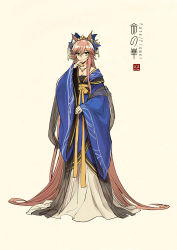 Rule 34 | 1girl, absurdly long hair, animal ears, bare shoulders, beige background, blue flower, blue ribbon, blue rose, breasts, chinese clothes, cleavage, closed mouth, fate (series), flower, fox ears, full body, hair between eyes, hair flaps, hair ornament, hair stick, hand up, hanfu, highres, long hair, long sleeves, looking at viewer, medium breasts, off shoulder, pink hair, ribbon, robe, rose, sash, see-through, shawl, simple background, smile, solo, standing, tamamo (fate), tamamo no mae (fate/extra), very long hair, wide sleeves, yellow eyes, zerocastle