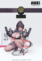 Rule 34 | 1girl, barefoot, blush, breasts, brown hair, chain, cleavage, commentary request, copyright name, cuffs, dramz, dual wielding, full body, goddess of victory: nikke, gradient background, high ponytail, highres, holding, huge breasts, large breasts, lips, logo, long hair, multicolored hair, official art, parted lips, pink hair, ponytail, quency (nikke), red eyes, shackles, shiny skin, shorts, shrug (clothing), simple background, smile, solo, squatting, striped, thigh strap, thighs, toes, two-tone hair, weapon