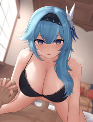 Rule 34 | 1boy, 1girl, absurdres, bedroom, black bra, blue hair, blush, bra, breasts, cleavage, cowgirl position, erection, eula (genshin impact), genshin impact, girl on top, hairband, hetero, highres, holding hands, indoors, large breasts, looking at viewer, lying, n9at, on back, sex, spread legs, straddling, sweat, underwear