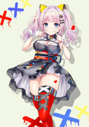 Rule 34 | 1girl, bare shoulders, black dress, blue eyes, blush, breasts, cleavage, cleavage cutout, closed mouth, clothing cutout, dress, fingers to cheeks, green background, hair ornament, hairclip, hands up, heart, highres, kaguya luna, long hair, mutang, obi, panties, red legwear, sash, silver hair, simple background, sleeveless, sleeveless dress, smile, solo, the moon studio, twintails, underwear, virtual youtuber, white panties, x