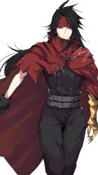 Rule 34 | 1boy, belt, black gloves, black hair, black jacket, black pants, buttons, cape, clawed gauntlets, cloak, closed mouth, commentary request, crazy02oekaki, final fantasy, final fantasy vii, gauntlets, gloves, headband, highres, jacket, long hair, looking at viewer, male focus, multiple belts, pants, red cape, red cloak, red eyes, red headband, signature, single gauntlet, single glove, solo, vincent valentine, white background