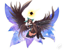 Rule 34 | 10s, 1girl, 2016, absurdres, alternate weapon, arm cannon, asymmetrical footwear, bird wings, black hair, black thighhighs, black wings, boots, bow, cape, crossed legs, dated, energy ball, feathered wings, full body, green skirt, hair bow, highres, large wings, long hair, looking at viewer, miniskirt, mismatched footwear, nebula, panties, puffy short sleeves, puffy sleeves, red eyes, reiuji utsuho, shirt, shoes, short sleeves, shou mai, signature, simple background, single boot, single shoe, skirt, smile, solo, spread wings, thighhighs, touhou, underwear, upskirt, weapon, white background, white panties, white shirt, wings