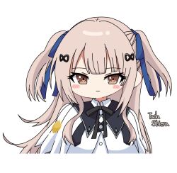 Rule 34 | 1girl, artist name, assault lily, black ribbon, blue ribbon, blunt bangs, blush, brown eyes, buttons, chibi, closed mouth, collared shirt, commentary, cropped jacket, cropped torso, hair ornament, hair ribbon, highres, light brown hair, light smile, long hair, looking at viewer, neck ribbon, ribbon, shirt, short sleeves, sidelocks, simple background, solo, symbol-only commentary, tada shiera, two side up, upper body, white background, white shirt, yui (yui1115 )