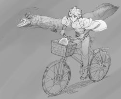 Rule 34 | 1girl, bicycle, commentary, dated commentary, dragon, driving, eastern dragon, egg, english commentary, grey background, greyscale, highres, jacket, long sleeves, monochrome, original, pants, parted lips, sandals, shirt, spot color, western dragon, y naf