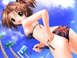 Rule 34 | 00s, 1girl, :d, ass, bikini, breasts, brown eyes, brown hair, censored, cloud, cowboy shot, cum, cum in pussy, day, dutch angle, flag print, from behind, from below, from side, game cg, hair ornament, hair ribbon, hairclip, looking at viewer, mosaic censoring, nagase yutaka, nipples, open mouth, palm tree, parted bangs, print bikini, pussy, pussy juice, ribbon, side-tie bikini bottom, sister princess, sky, small breasts, smile, solo, swimsuit, tree, two side up, union jack, untied bikini, yotsuba (sister princess)