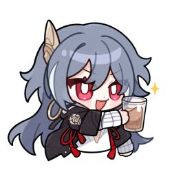 Rule 34 | 1girl, :d, black jacket, casual, cup, fu hua, fu hua (herrscher of sentience), grey hair, hair between eyes, hair ornament, holding, holding cup, honkai (series), honkai impact 3rd, jacket, long hair, looking at viewer, milk tea, multicolored hair, official art, open mouth, red eyes, simple background, smile, solo, streaked hair, transparent background, white background