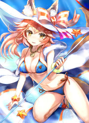 Rule 34 | 1girl, animal ears, bikini, blue bikini, blush, breasts, cleavage, ears through headwear, fate/grand order, fate (series), fox ears, fox tail, hat, innertube, keepout, large breasts, long hair, looking at viewer, navel, ocean, open mouth, outdoors, pink hair, ribbon, solo, swim ring, swimsuit, tail, tamamo (fate), tamamo no mae (fate/extra), tamamo no mae (swimsuit lancer) (fate), tamamo no mae (swimsuit lancer) (third ascension) (fate), water, white hat, yellow eyes
