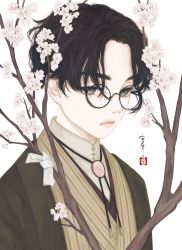 Rule 34 | 1boy, black-framed eyewear, bolo tie, branch, brooch, brown hair, brown jacket, brown kimono, cherry blossoms, closed mouth, collared shirt, commentary request, flower, glasses, green eyes, hair over one eye, haori, highres, jacket, japanese clothes, jewelry, kimono, looking at viewer, male focus, open clothes, open jacket, original, parted hair, pink flower, round eyewear, seal impression, shirt, short hair, signature, simple background, solo, striped clothes, striped kimono, tree, upper body, ushiyama ame, white background