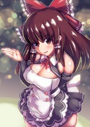 Rule 34 | 1girl, bad id, bad nicoseiga id, bare shoulders, blush, bow, breasts, brown eyes, brown hair, cleavage, cookie (touhou), curvy, hair bow, hair tubes, hakurei reimu, highres, kanna (cookie), large breasts, long hair, looking at viewer, marakasu (chinkasu), parted lips, red bow, smile, solo, touhou, wide hips