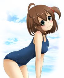 Rule 34 | 10s, 1girl, ahoge, all fours, battle girl high school, blue sky, breasts, brown hair, cloud, day, fumi (fumifumi-graffiti), green eyes, highres, hoshitsuki miki, medium breasts, one-piece swimsuit, one side up, school swimsuit, sky, smile, solo, swimsuit