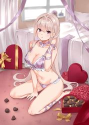 Rule 34 | 1girl, absurdres, bed, bow, bowtie, box, bra, breasts, candy, chocolate, chocolate heart, cleavage, curtains, flower, flower pot, food, grey hair, heart, heart-shaped box, highres, large breasts, long hair, navel, original, panties, purple bow, purple bowtie, purple bra, purple eyes, purple panties, purple ribbon, ribbon, sitting, solo, syan (4767269), underwear, underwear only, valentine, very long hair, wariza, white curtains, window, yellow bow