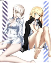 Rule 34 | 2girls, ahoge, artoria pendragon (all), artoria pendragon (fate), black jacket, black ribbon, blonde hair, breasts, cleavage, collared shirt, diagonal stripes, dress shirt, fate/grand order, fate (series), foo (pixiv54892036), green eyes, hair ribbon, hand on own chest, highres, jacket, jacket on shoulders, light smile, looking at viewer, multiple girls, pale skin, parted lips, ribbon, saber (fate), saber alter, shirt, smile, striped, thighs, white background, white shirt, yellow eyes