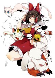 Rule 34 | 1girl, animal ears, ascot, bad id, bad twitter id, brown eyes, brown hair, cat ears, chingling, coin, creatures (company), crossover, detached sleeves, fangs, full body, game freak, gen 1 pokemon, gen 3 pokemon, gen 4 pokemon, hair ribbon, hair tubes, hakurei reimu, highres, japanese clothes, legendary pokemon, long sleeves, looking at viewer, meowth, mew (pokemon), miko, mythical pokemon, nintendo, open mouth, poke ball, pokemon, pokemon (creature), ribbon, shirt, short hair, simple background, skirt, skirt set, smile, tabun (osoracu), tail, touhou, white background, wide sleeves, zangoose