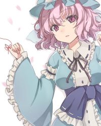 Rule 34 | 1girl, asa (coco), bad id, bad twitter id, blue dress, bow, cherry blossoms, dress, frills, hat, japanese clothes, long sleeves, looking at viewer, mob cap, open mouth, petals, pink eyes, pink hair, ribbon, saigyouji yuyuko, sash, short hair, simple background, solo, touhou, triangular headpiece, veil, white background, wide sleeves