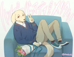 Rule 34 | 1boy, animal ears, beastars, birthday, blue sweater, bouquet, brown pants, christmas, commentary request, dog boy, dog ears, dog tail, flower, furry, furry male, happy birthday, holding, holding bouquet, jack (beastars), looking at viewer, madwakx, male focus, merry christmas, on chair, pants, red socks, shirt, smile, socks, sweater, tail, translation request, twitter username, v, white background, white shirt
