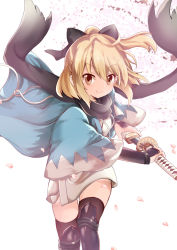 Rule 34 | 1girl, black bow, black scarf, black thighhighs, blonde hair, bow, bracer, brown eyes, commentary request, fate (series), hair bow, highres, holding, holding sword, holding weapon, japanese clothes, katana, kimono, looking at viewer, massala, okita souji (fate), okita souji (koha-ace), petals, scarf, sheath, shinsengumi, short hair, smile, solo, standing, sword, thighhighs, thighs, unsheathing, weapon