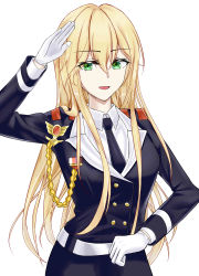 Rule 34 | 1girl, absurdres, belt, black jacket, black necktie, blonde hair, breasts, girls&#039; frontline, gloves, green eyes, hand up, highres, jacket, long hair, looking at viewer, military, military uniform, necktie, one smoke, open mouth, salute, shirt, smile, solo, standing, stg44 (girls&#039; frontline), uniform, white background, white gloves, white shirt