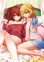 Rule 34 | 2girls, absurdres, bare legs, bare shoulders, blazblue, blonde hair, brown eyes, brown hair, celica a. mercury, colored eyelashes, green eyes, highres, indoors, looking at viewer, medium hair, multiple girls, naked sweater, noel vermillion, non-web source, official art, petals, pillow, ponytail, sweater