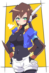 Rule 34 | 1girl, absurdres, aile (mega man zx), black bodysuit, blush, blush stickers, bodysuit, breasts, brown hair, buzzlyears, cropped jacket, female focus, green eyes, heart, highres, jacket, large breasts, long hair, mega man (series), mega man zx, mega man zx advent, navel, open clothes, open jacket, ponytail, pout, robot ears, shorts, tagme