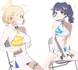 Rule 34 | 2girls, absurdres, ahoge, animal ears, bare shoulders, barefoot, black hair, blonde hair, blue archive, blunt bangs, blush, braid, breasts, cheerleader, cleavage, closed mouth, cok ia, crop top, dog ears, dog girl, gloves, hair ornament, halo, hibiki (blue archive), hibiki (cheer squad) (blue archive), highres, kotori (blue archive), kotori (cheer squad) (blue archive), looking at viewer, medium breasts, midriff, millennium cheerleader outfit (blue archive), mouth hold, muffin top, multiple girls, navel, official alternate costume, parted lips, purple eyes, short hair, simple background, sitting, skirt, sticker on arm, text print, thighs, white background, white skirt, yellow halo