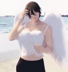 Rule 34 | 1girl, angel wings, beach, black eyes, black hair, breasts, camisole, cleavage, collarbone, commentary, hand in own hair, hanpetos, large breasts, midriff, mikasa ackerman, ocean, photo background, see-through, see-through shirt, shingeki no kyojin, short hair, solo, sunlight, toned, underwear, white camisole, wings