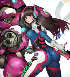 Rule 34 | 1girl, acronym, arm cannon, armor, ass, bodysuit, boots, bracer, breasts, brown eyes, brown hair, charm (object), closed mouth, d.va (overwatch), doritos, emblem, eyelashes, facepaint, facial mark, from behind, gatling gun, gloves, gun, headphones, highres, holding, holding gun, holding weapon, logo, long hair, long sleeves, looking back, mecha, medium breasts, meka (overwatch), overwatch, overwatch 1, pauldrons, pilot suit, randy (awesomevillage), robot, shoulder armor, shoulder pads, skin tight, solo, swept bangs, thigh boots, thigh strap, thighhighs, weapon, whisker markings, white footwear, white gloves