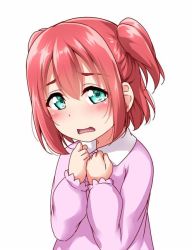 Rule 34 | 1girl, blush, child, d:, dress, green eyes, kurosawa ruby, long sleeves, looking at viewer, love live!, love live! sunshine!!, medium hair, open mouth, pink dress, red hair, simple background, solo, two side up, upper body, white background, yopparai oni, aged down