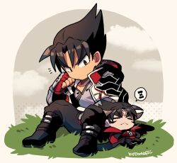 Rule 34 | 2boys, black footwear, black hair, chibi, chibi only, closed mouth, cloud, collarbone, commentary, devil jin, dual persona, fingerless gloves, full body, gloves, grey shirt, kazama jin, kotorai, long sleeves, male focus, multiple boys, no nose, on grass, outdoors, red gloves, shirt, signature, sitting, size difference, sleeping, spoken zzz, studded gloves, symbol-only commentary, tekken, thick eyebrows, zzz