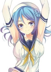 Rule 34 | 10s, 1girl, armpits, arms up, bad id, bad twitter id, bare shoulders, blue eyes, blue hair, breasts, double bun, elbow gloves, gloves, hair bun, harimoji, hat, kantai collection, large breasts, long hair, looking at viewer, matching hair/eyes, pleated skirt, school uniform, serafuku, skirt, sleeveless, smile, solo, urakaze (kancolle), white background, white gloves, white hat