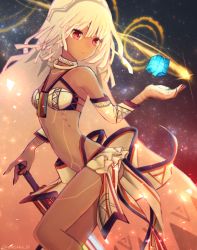 Rule 34 | 10s, 1girl, altera (fate), armor, bare shoulders, black nails, breasts, choker, closed eyes, cube, dark-skinned female, dark skin, detached sleeves, fate/extella, fate/extra, fate/grand order, fate (series), highres, holding, holding weapon, jewelry, midriff, nail polish, navel, rainbow, red eyes, shooting star, short hair, silver hair, solo, tattoo, veil, weapon
