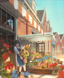 Rule 34 | 1girl, apron, awning, black footwear, black hair, black socks, blue apron, blue eyes, blurry, blurry foreground, building, cargo pallet, collared dress, door, dress, florist, flower, hanging plant, highres, holding, long sleeves, looking at viewer, open door, original, outdoors, plant, potted plant, shoes, shoichi (ekakijin), short hair, smile, socks, solo, standing, sunflower, white dress, window