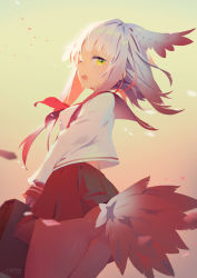 Rule 34 | 10s, 1girl, alternate costume, ass, bird tail, briefcase, feathers, head wings, japanese crested ibis (kemono friends), kemono friends, lamier, looking at viewer, open mouth, pleated skirt, revision, school uniform, serafuku, short hair with long locks, skirt, solo, tail, white hair, wings, yellow eyes