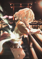 Rule 34 | 1girl, arm warmers, black skirt, blonde hair, bridge, brown jacket, city, city lights, commentary request, cowboy shot, eyes visible through hair, green eyes, hair between eyes, hand on own cheek, hand on own face, highres, hitodama, jacket, leaning forward, looking at viewer, looking to the side, mizuhashi parsee, open mouth, pointy ears, railing, reflection, ribbon-trimmed skirt, ribbon trim, river, sash, shiro (tgkuro), short hair, short sleeves, skirt, solo, standing, torii, touhou, water, white sash
