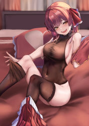 Rule 34 | 1girl, arenoyoni, bed, bed sheet, bodystocking, breasts, brown thighhighs, covered navel, female pervert, hair ribbon, heterochromia, highres, hololive, houshou marine, lace, lace-trimmed legwear, lace trim, large breasts, leotard, long hair, looking at viewer, medium breasts, midriff, miniskirt, naughty face, navel, open mouth, pervert, pillow, pleated skirt, red eyes, red hair, red ribbon, red skirt, ribbon, see-through, see-through leotard, sideboob, skirt, solo, thighhighs, thighs, twintails, two-tone skirt, undressing, virtual youtuber, yellow eyes