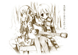 Rule 34 | 2girls, acoustic guitar, bad id, bad pixiv id, blazer, brown theme, coat, guitar, hirasawa yui, instrument, inui sekihiko, jacket, k-on!, long hair, monochrome, multiple girls, nakano azusa, pantyhose, scarf, school uniform, shared clothes, shared scarf, short hair, simple background, striped clothes, striped scarf, thighhighs, translated, white background