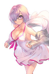 Rule 34 | 1girl, black-framed eyewear, breasts, cleavage, closed eyes, collarbone, commentary request, cowboy shot, dress, fate/grand order, fate (series), hair over one eye, halterneck, jacket, large breasts, light purple hair, looking at viewer, mash kyrielight, mash kyrielight (swimsuit of perpetual summer), off shoulder, official alternate costume, one-piece swimsuit, purple eyes, short hair, simple background, sleeveless, sleeveless dress, sleeves past wrists, smile, solo, standing, sundress, swimsuit, white background, white dress, white jacket, white one-piece swimsuit, yoshimoto (dear life)