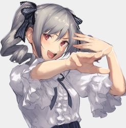 Rule 34 | 1girl, :d, arms up, black ribbon, breasts, center frills, drill hair, frilled shirt, frilled sleeves, frills, grey background, grey hair, hair ribbon, idolmaster, idolmaster cinderella girls, kanzaki ranko, kouzuki kei, long hair, looking at viewer, neck ribbon, open mouth, outstretched arm, purple eyes, ribbon, shirt, short sleeves, simple background, smile, solo, teeth, twin drills, twintails, upper body, upper teeth only, white shirt