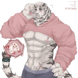 Rule 34 | !?, 0 0, 2boys, abs, animal ears, arknights, bara, black male underwear, blush, boxers, bulge, chibi, chibi inset, couple, cowboy shot, cropped hoodie, dated, dog boy, flying sweatdrops, furry, furry male, furry with furry, highres, hood, hoodie, hung (arknights), large pectorals, male focus, male underwear, mature male, meme, mountain (arknights), multiple boys, muscular, muscular male, navel, navel hair, nipples, nunun (nununnong), pectorals, pink hoodie, scar, scar on chest, short hair, shy, sideburns, solo focus, stomach, tail, tail ornament, tail ring, tiger boy, tiger ears, underpec, underwear, white fur, yaoi