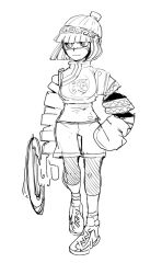 Rule 34 | 1girl, arms (game), bad id, bad twitter id, beanie, bike shorts, chinese clothes, facepaint, food, full body, greyscale, hat, leggings, leggings under shorts, looking at viewer, mask, min min (arms), monochrome, noodles, pantyhose, short hair, shorts, solo