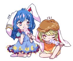 Rule 34 | 2girls, animal ears, arm up, arrow (symbol), barefoot, blonde hair, blue dress, blue eyes, blue hair, brown headwear, crescent, crescent print, dango, dress, eating, eyes visible through hair, food, hand up, hands up, hat, lana151, looking at another, medium hair, multicolored eyes, multiple girls, numbered, one eye closed, orange eyes, orange shirt, puffy short sleeves, puffy sleeves, rabbit ears, red eyes, ringo (touhou), seiran (touhou), seiza, shirt, short hair, short sleeves, short twintails, shorts, simple background, sitting, socks, star (symbol), star print, striped clothes, striped shorts, t-shirt, touhou, twintails, wagashi, white background, white eyes, white legwear, white shorts, yellow shorts