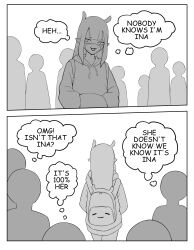 Rule 34 | 1girl, absurdres, backpack, bag, blunt bangs, comic, commentary, daydarion, english commentary, english text, greyscale, highres, hololive, hololive english, hood, hoodie, long hair, mask, monochrome, mouth mask, ninomae ina&#039;nis, pointy ears, takodachi (ninomae ina&#039;nis), very long hair, virtual youtuber