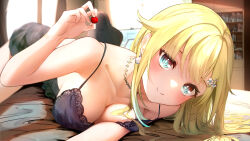 Rule 34 | 1girl, absurdres, aizawa ema, bare arms, bare shoulders, bed, black bra, blonde hair, blue eyes, blurry, blurry background, blush, bra, breast press, breasts, camisole, cleavage, closed mouth, collarbone, commentary, commission, depth of field, flower, foreshortening, gradient hair, hair ornament, hairclip, highres, holding, indoors, jakusha shiro, lace trim, large breasts, lingerie, long hair, looking at viewer, lying, multicolored hair, on bed, on side, sidelocks, skeb commission, smile, solo, underwear, virtual youtuber, vspo!, window
