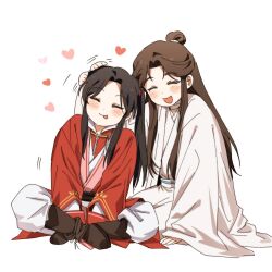 2boys :p bandaged_neck bandages black_hair boots brown_footwear brown_hair bujang chinese_clothes closed_mouth full_body hair_bun hands_on_lap hanfu headpat heart hua_cheng korean_commentary long_hair long_sleeves male_focus motion_lines multiple_boys pants red_hanfu side_ponytail sitting smile tianguan_cifu tongue tongue_out white_hanfu white_pants wide_sleeves xie_lian