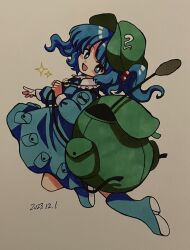 Rule 34 | 1girl, backpack, bag, blue eyes, blue footwear, blue hair, blue shirt, blue skirt, boots, dated, flat cap, from behind, furiba 794, green bag, green hat, hat, highres, kawashiro nitori, long sleeves, looking at viewer, one-hour drawing challenge, shirt, skirt, skirt set, solo, touhou, traditional media