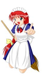 Rule 34 | 1girl, apron, blue dress, blue eyes, bow, bowtie, broom, collar, cowboy shot, dress, game cg, green brooch, kioh gyoku, long hair, low ponytail, lowres, maid apron, maid headdress, non-web source, official art, red bow, red bowtie, red hair, ribbon, seihou, smile, third-party source, vivit, white apron, white collar, yellow ribbon