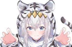 Rule 34 | 1girl, animal costume, animal ear fluff, animal hood, animal print, blue eyes, blush, claw pose, closed mouth, commentary request, dot nose, fang, grey hair, ha (hura76752775), highres, hood, hood up, long hair, looking at viewer, oguri cap (umamusume), shirt, simple background, smile, solo, tiger costume, tiger print, umamusume, upper body, v-shaped eyebrows, white background, white shirt