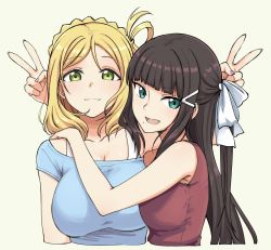 Rule 34 | 2girls, :3, black hair, blonde hair, blunt bangs, braid, breasts, brown hair, cleavage, commentary, french braid, green eyes, hair ornament, hairclip, half updo, kurosawa dia, large breasts, long hair, looking at viewer, love live!, love live! school idol festival, love live! sunshine!!, medium hair, mole, mole under mouth, multiple girls, ohara mari, one side up, pas (paxiti), sidelocks, simple background, smile, upper body, v