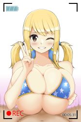 Rule 34 | 1boy, 1girl, absurdres, bikini, blonde hair, blush, breasts, brown eyes, camera, cleavage, collarbone, fairy tail, hetero, highres, huge breasts, long hair, looking at viewer, lucy heartfilia, lying, motion lines, on back, one eye closed, paizuri, penis, pov, recording, sakidesu, smile, star (symbol), star print, swimsuit, twintails, uncensored, v, wink
