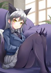 Rule 34 | &gt;:), 10s, 1girl, animal ears, black gloves, black necktie, black pantyhose, blazer, blush, bow, bowtie, closed mouth, cushion, fox ears, fox tail, gloves, grey bow, grey bowtie, grey skirt, hand on own knee, head tilt, jacket, kemono friends, long hair, looking at viewer, necktie, no shoes, pantyhose, plant, pleated skirt, silver fox (kemono friends), silver hair, sitting, skirt, smile, solo, tail, v-shaped eyebrows, very long hair, window, yellow eyes, yumibakama meme